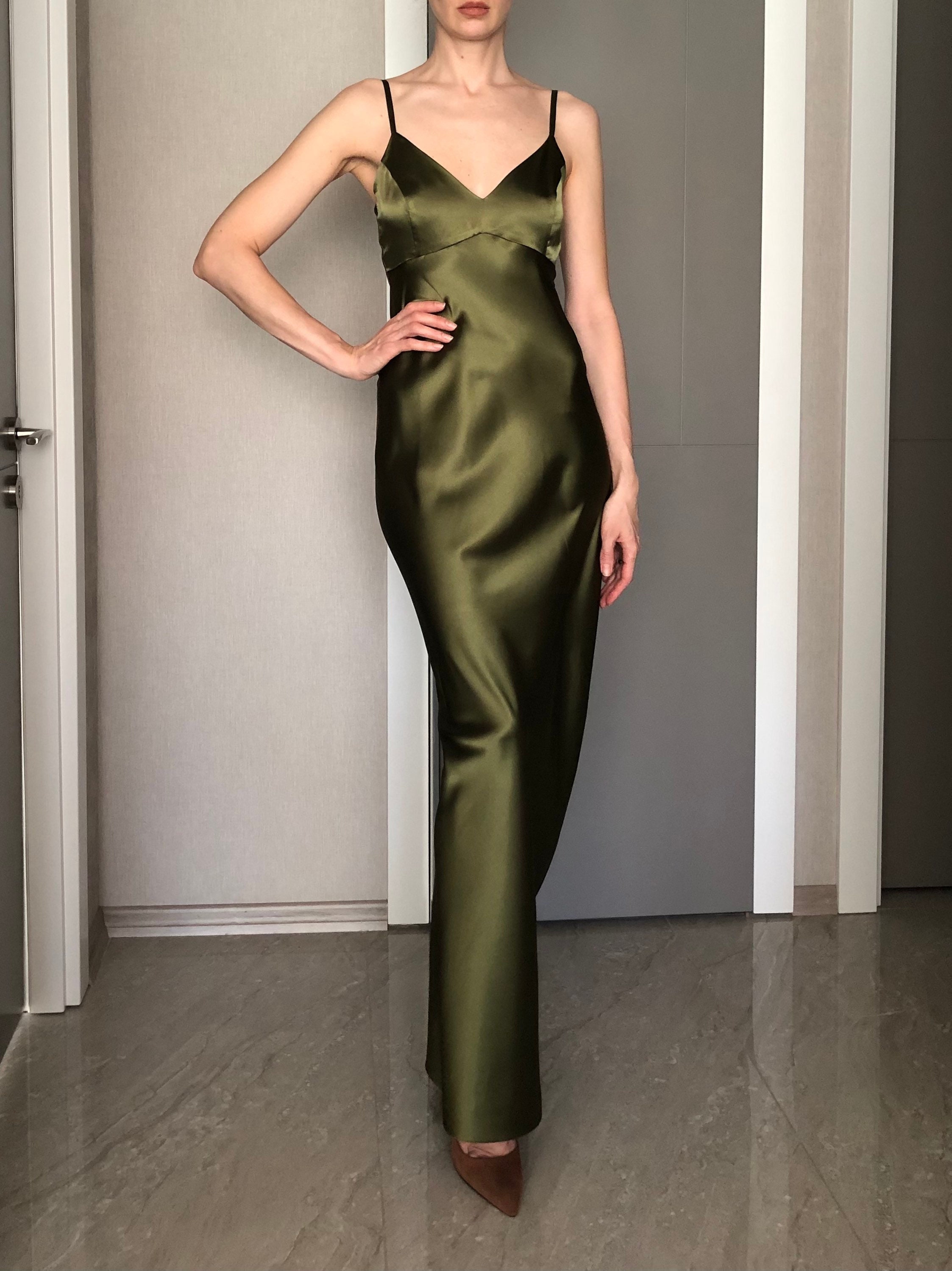 Maxi Silk Satin Dress,Olive Green Extra Full Length Slip Dress,Khaki Adjustable Spaghetti Straps,Silky Deep V Neck Bias Cut Dress Maxi Silk Satin Dress,Olive Green Extra Full Length Slip Dress,Khaki Adjustable Spaghetti Straps,Silky Deep V Neck Bias Cut Dress