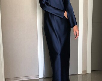 navy long sleeve satin dress Azazie Sonata