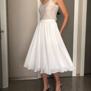 Crepe Chiffon Skirt,Underlined with 100%Cotton,White Midi Skirt,Wedding skirt,Bridesmaid flowy Bridal Tea length short wedding skirt