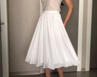 Crepe Chiffon Skirt,Underlined with 100%Cotton,White Midi Skirt,Wedding skirt,Bridesmaid flowy Bridal Tea length short wedding skirt