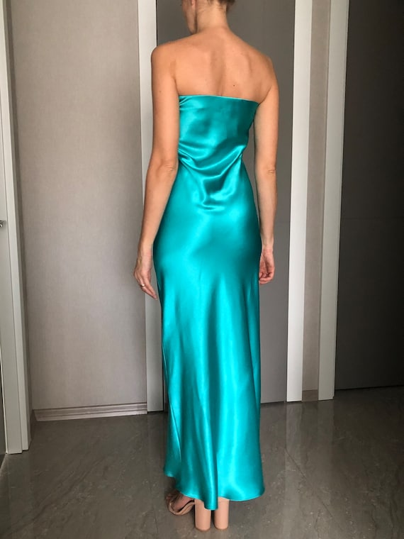Strapless Turquoise Silk Satin Maxi Length Slip Dress,tube Top Dress,aqua  Date Night,aquamarine Silky Bridesmaid Bias Cut Gown,full Length - Etsy
