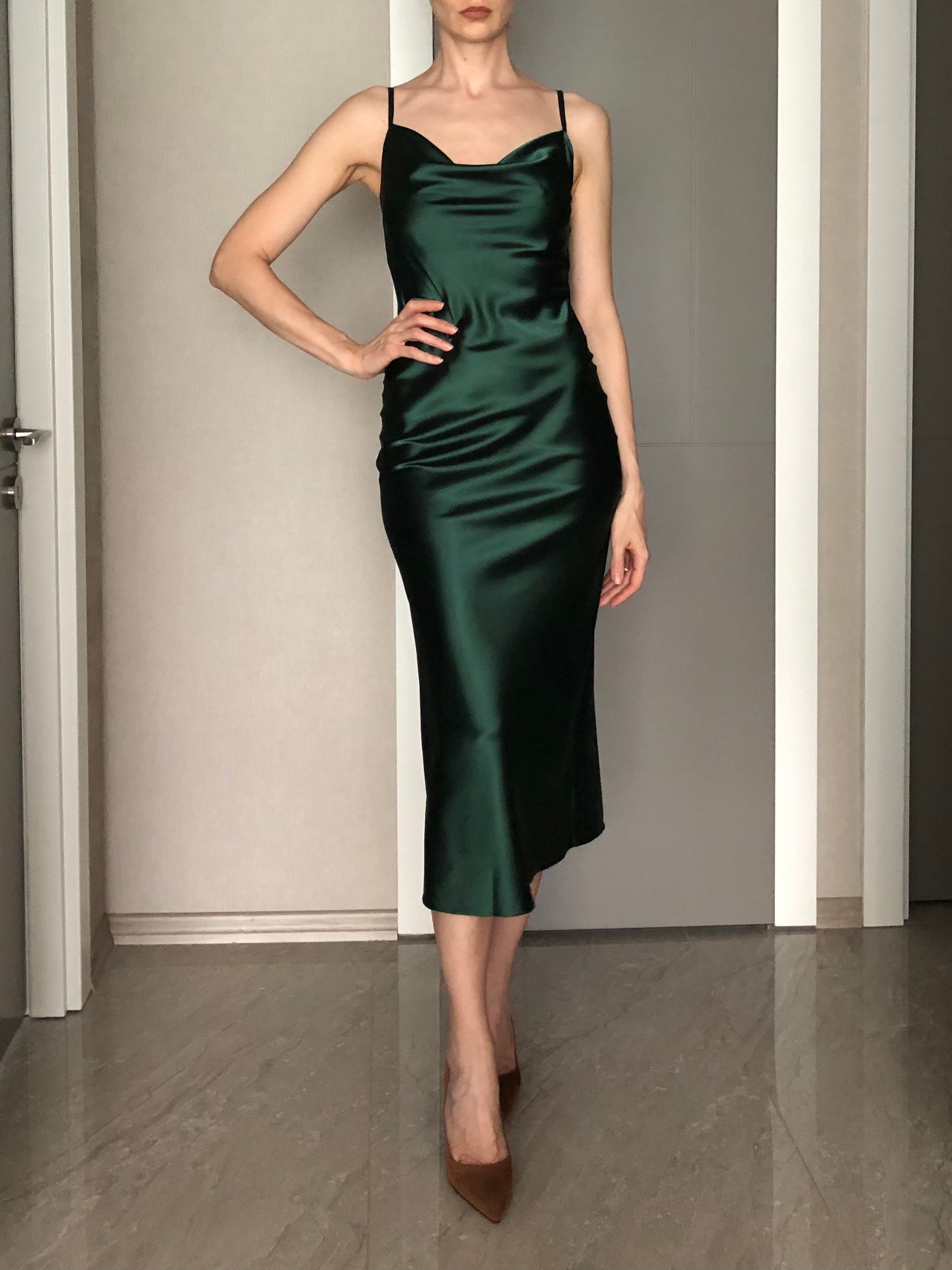 Forest Green Cowl Neck Silk Satin Midi Length Slip Dress,Adjustable Spaghetti Straps,Bias Cut,Date Open Back Bridesmaids Engagement Dress