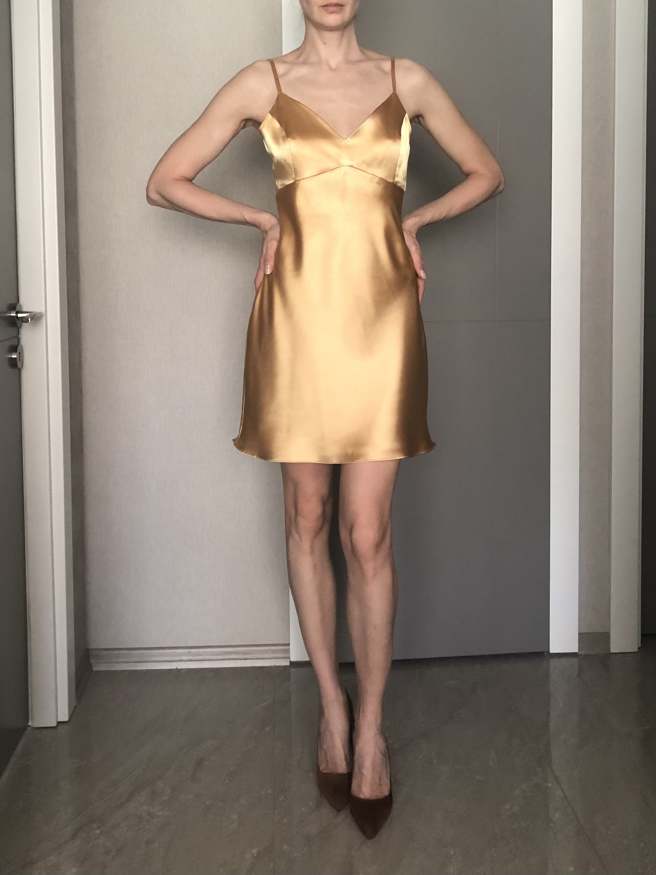 Gold Silk Satin Mini Dress,Adjustable Spaghetti Straps,Silky Deep V Neck Bias Cut Dress