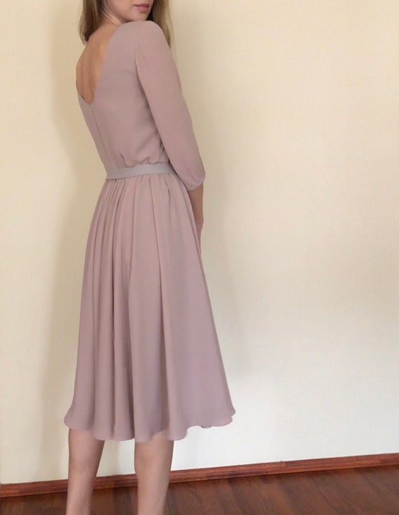 Beige Nude Crepe Chiffon Dress,open Back Prom Dress,creme Bridesmaid Low  Back Long Sleeves,natural Flowy Midi Skirt,latte Wedding Dress - Etsy