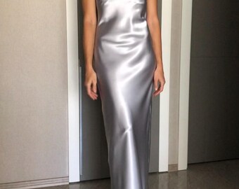silver silk slip dress ZARA NEW WOMAN SILVER SATIN EFFECT SLIP DRESS Size L XXL REF:8496/746