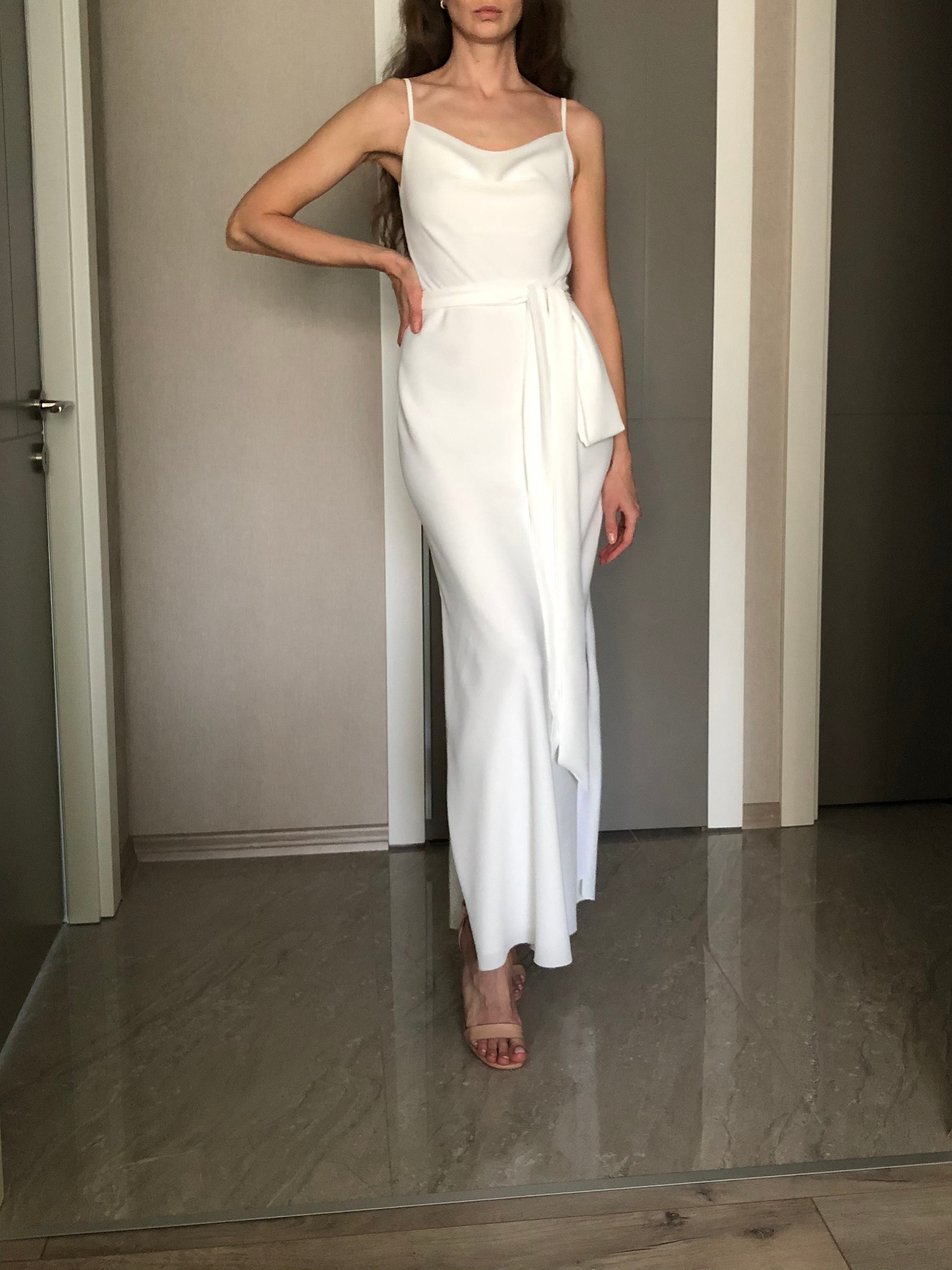 White Cowl Neck Crepe chiffon Maxi length Slip Dress,Adjustable Spaghetti Straps,Backless Date Night Open cute back bridesmaids wedding White Cowl Neck Crepe chiffon Maxi length Slip Dress,Adjustable Spaghetti Straps,Backless Date Night Open cute back bridesmaids wedding