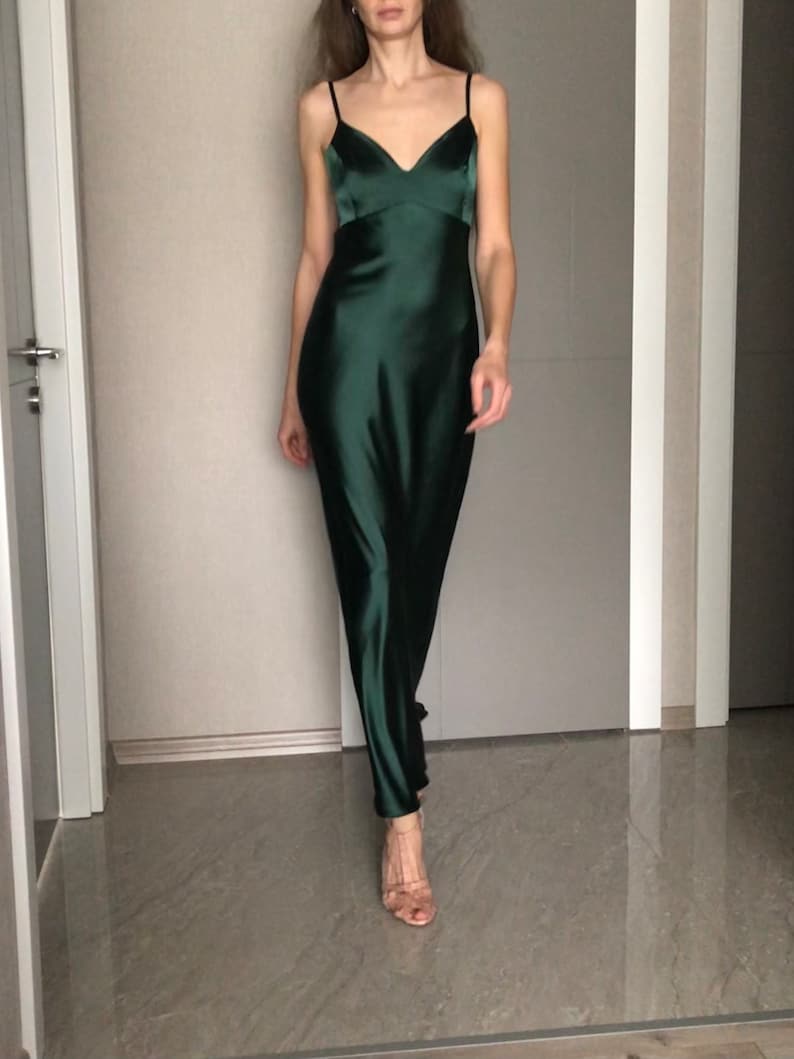 Maxi Silk Satin Dress,Forest Green Extra Full Length Slip Dress,Dark Green Adjustable Spaghetti Straps,Silky Deep V Neck Bias Cut Dress image 4