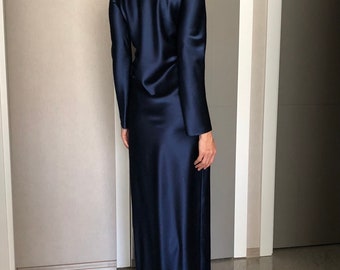 Navy Blue Long Sleeves Maxi Satin Dress,Midnight Blue Extra Full Floor Length Slip Dress,Silky Bias Cut Dress,Bridesmaids,Hijab,Evening