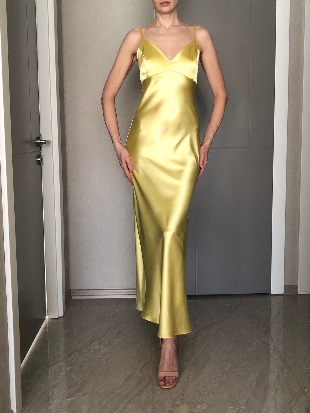Sun Yellow Maxi Silk Satin Dress,lemon Extra Full Length