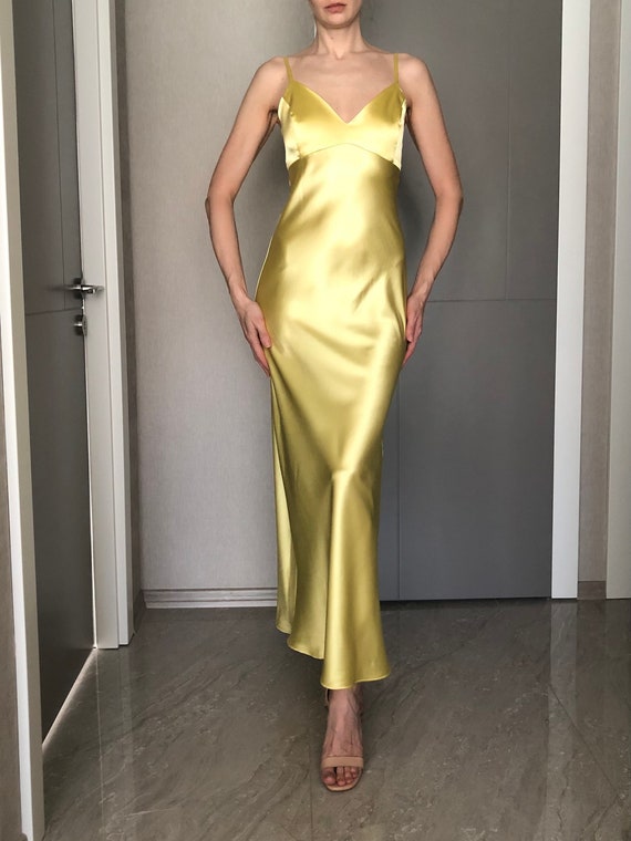 Sun Yellow Maxi Silk Satin Dress,lemon Extra Full Length Slip