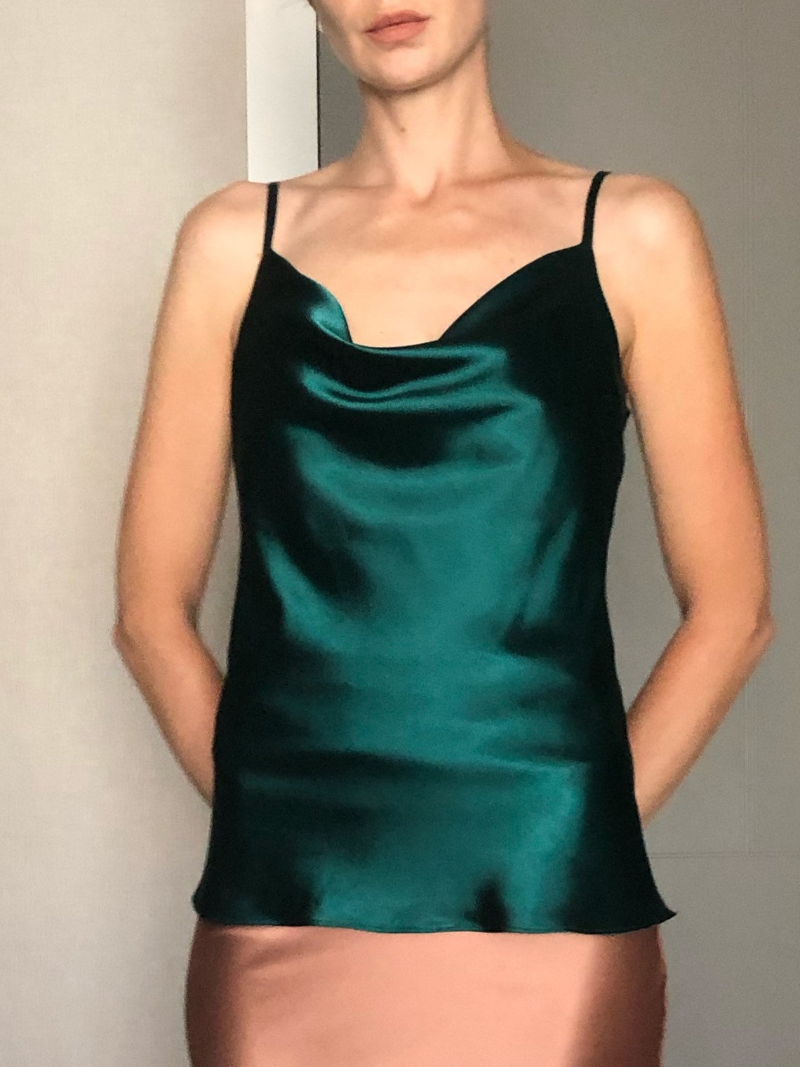 Forest Green Cowl Neck Silk Satin Top Open Back Emerald Green Etsy