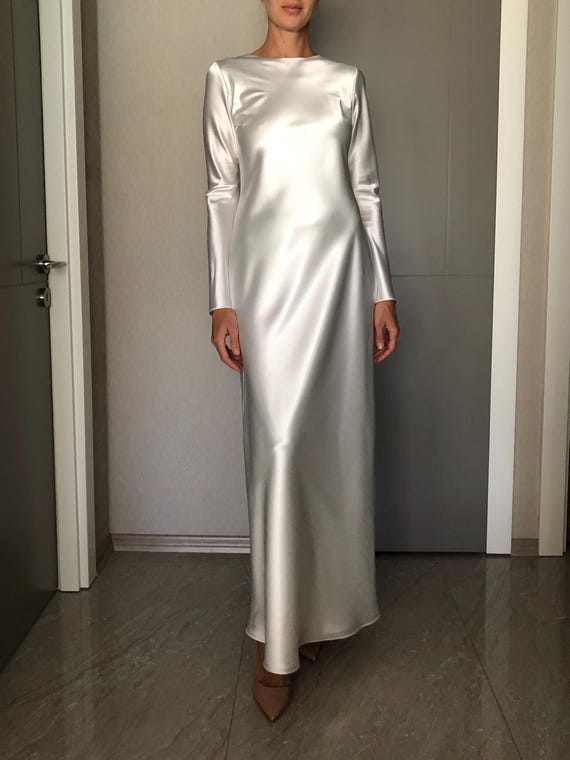 satin loose dress Women's Fashionable Grey Satin High-neck Long-sleeved Loose-fitting Maxi  Dress