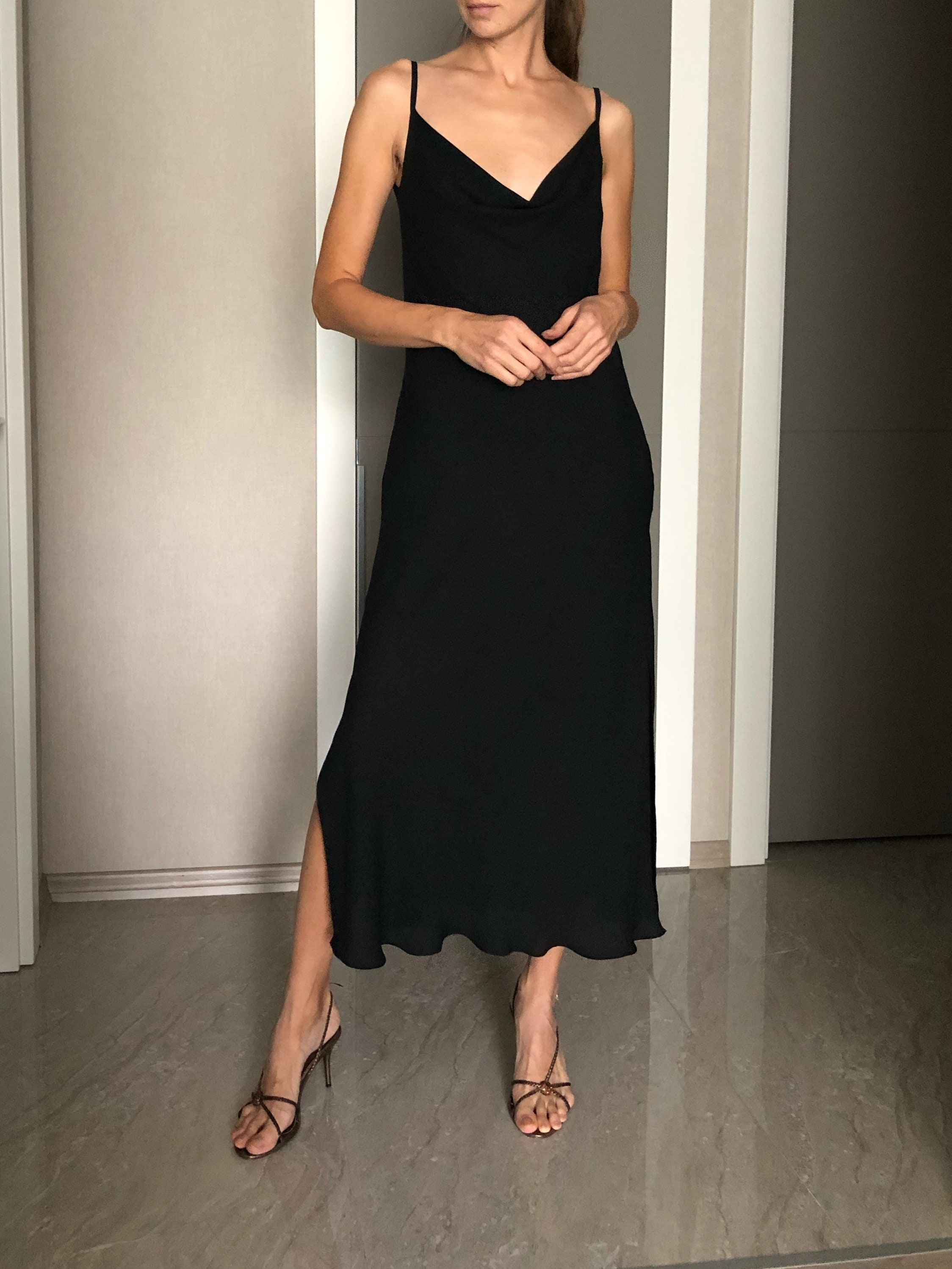 spaghetti strap crepe midi dress Women's Ava Slit Spaghetti Strap Crepe Midi Dress XS/S/M/L/XL/XXL//Black/MEAN BLVD XS / Black