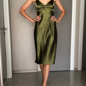 Olive Green Silk Satin Midi Length Slip Dress ,open Back Adjustable ...
