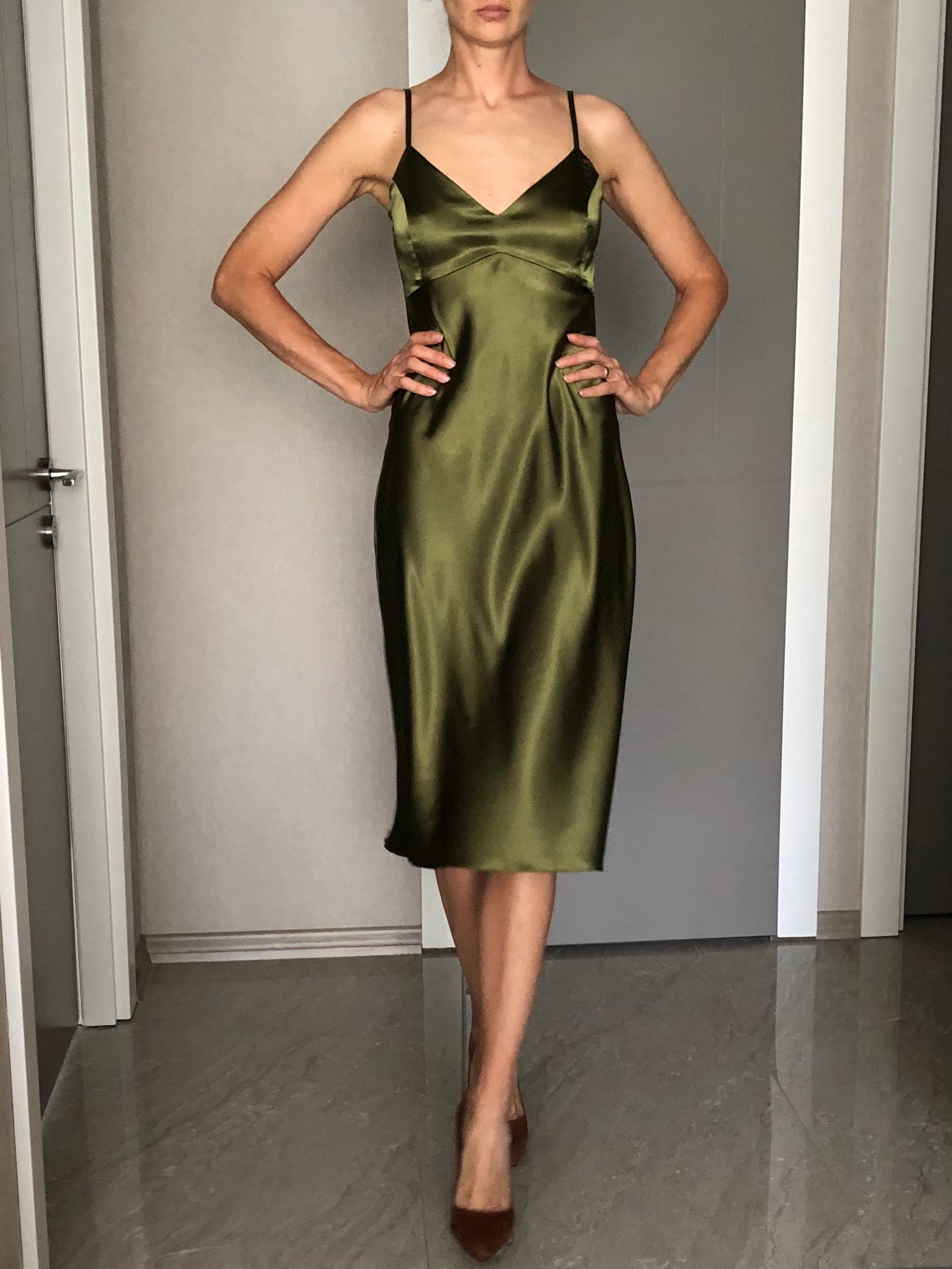 olive green satin dress Olive Green Satin Knot Slip Dress