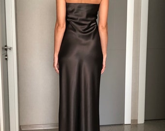formal & gown brown dresses for women Brown Satin Floor Length Prom Dress , Off the Shoulder A-Line Evening Dress US 4 / Brown main image 1