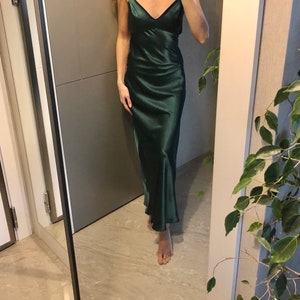 Maxi Silk Satin Dress,Forest Green Extra Full Length Slip Dress,Dark Green Adjustable Spaghetti Straps,Silky Deep V Neck Bias Cut Dress image 1