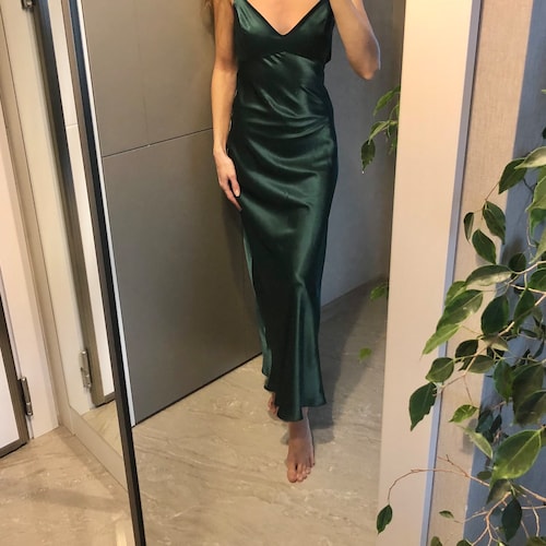 deep green corset satin slip dress Forest Green Silk Satin Slip Dress, Adjustable Spaghetti Straps