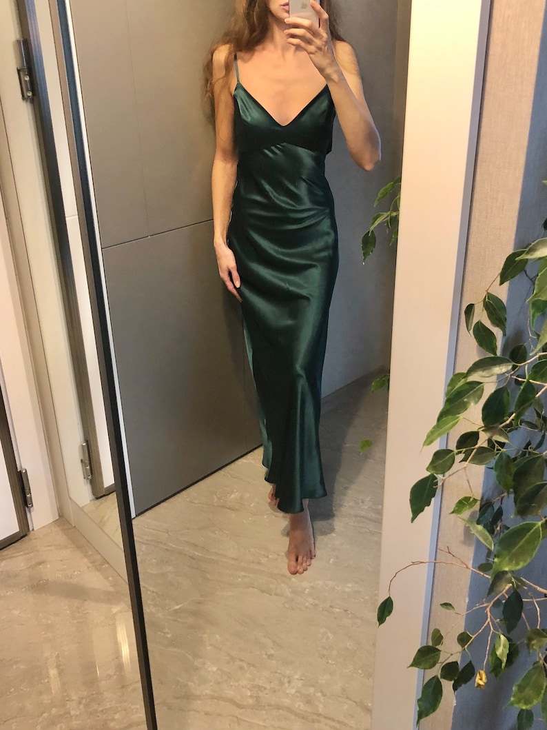 Maxi Silk Satin Dress,Forest Green Extra Full Length Slip Dress,Dark Green Adjustable Spaghetti Straps,Silky Deep V Neck Bias Cut Dress image 1