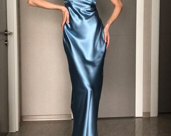 slim fit dress slacks Zapaka Women Blue Bridesmaid Dress Satin Simple Prom Dress with Ruffles, Satin Color / US14 main image 0