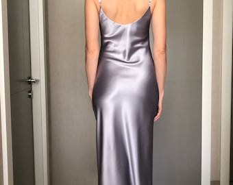 silver satin cowl neck dress Silver Silk Satin Slip Dress, Cowl Neck Maxi Dress, Adjustable Straps