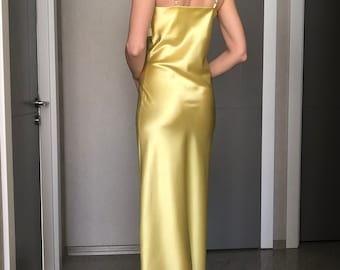 Sun Yellow Maxi Silk Satin Dress,Lemon Extra Full Length Slip  Dress,Adjustable Spaghetti Straps,Corn Silky Deep V Neck Bias Cut Dress