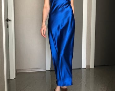 Royal Blue Maxi Silk Satin Dress, Blue Extra Full Length Slip Dress,Adjustable Spaghetti Straps, Silky Deep V Neck Bias Cut Dress