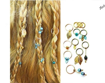 12 Haarringe blau türkis silber gold Zöpfe Cornrows Dreads bronze Blätter Waldelfen Zopf Anhänger Charms ivory Braut Ringe Perle Haarschmuck