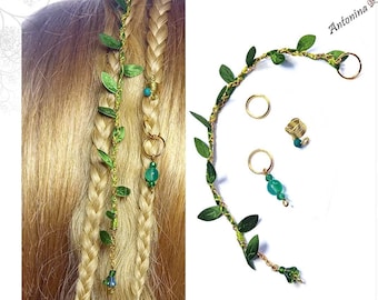 Set of forest elf hair accessories hair rings hair chain leaves green gold bronze silver cornrows braids dread plait pendant charms braid hair piercing