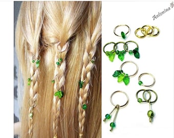 12 hair rings green gold bronze silver cornrows braids dread leaves forest elf braid ring pendant charms white ivory braid ring hair piercing