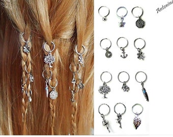 5 hair rings of your choice charms silver tree feather bell leaf gold dancer star yang braids dreads forest elf piercing pendant braid rings