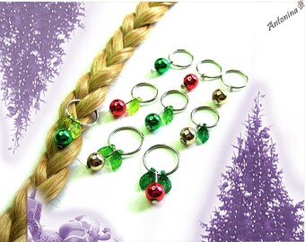 9 hair rings Christmas balls red green gold bronze silver cornrows braids dread leaves wood elf pendant charms braided ring hair piercing