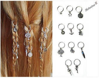 5 hair rings with pendants silver tree feather bell dancer star Yin Yang braids dreads wood elf piercing charms braided rings hair jewelry