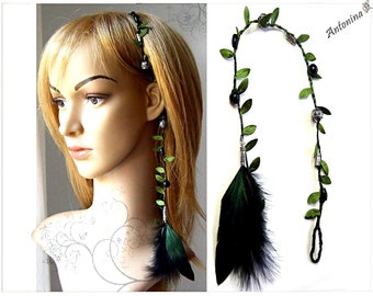 Dreadwrap gothic style feather leaves, black dark green hair wrap braid extension, hair jewelry elf, boho strand jewelry dreads braiding in