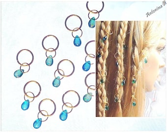 10 hair rings drops green turquoise blue opal gold bronze silver teardrops braids dread forest elf braid ring pendant charms braid ring hair accessories