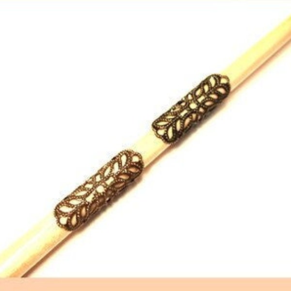 2 small filigree dreadtubes tubes antique bronze metal tubes dread jewelry dread beads long hole bead tribal dread jewelry dread spirals