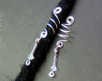 2 glittering dreadlock spirals, festive dread jewelry, shiny, wedding party, small beads, silver, gold-colored