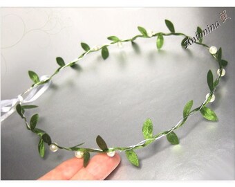 Hair wreath bridal green ivory offwhite leaves forest elf pearls tiara silver gold wedding hair vine tiara leaf headpiece leaf vine