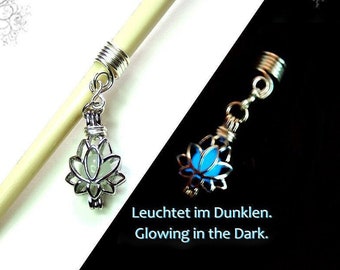 Lotus dread jewelry glows blue fluorescent pendant lotus flower glows light lotus dreadlocks dreads jewelry necklace spirals, earrings