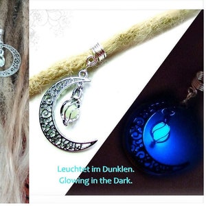 Moon dread jewelry glows blue fluorescent pendant earring luna chain glows light dreadlocks dread jewelry dread spirals