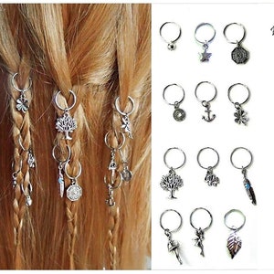 5 hair rings of your choice charms silver tree feather bell leaf gold dancer star yang braids dreads forest elf piercing pendant braid rings