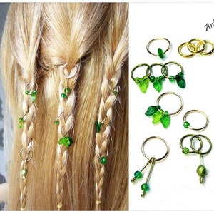 12 hair rings green gold bronze silver cornrows braids dread leaves forest elf braid ring pendant charms honey white ivory braid ring hair piercing