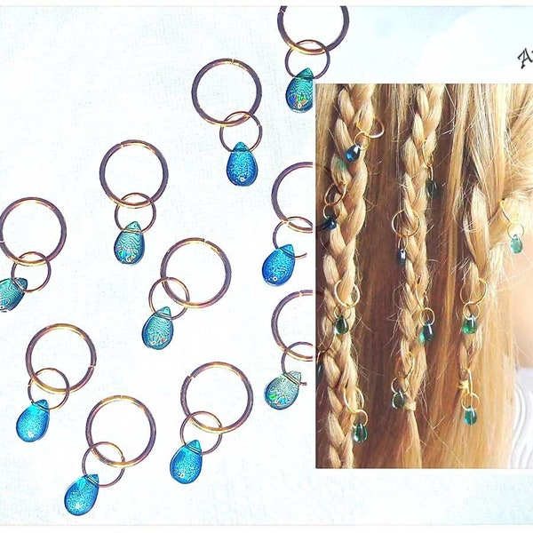 10 hair rings drops green turquoise blue opal gold bronze silver teardrops braids dread forest elf braid ring pendant charms braid ring hair accessories