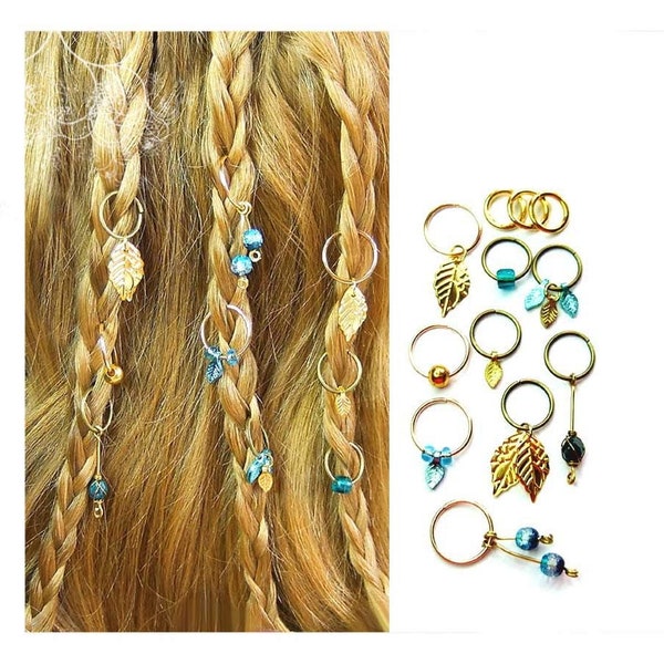 12 Haarringe blau türkis silber gold Zöpfe Cornrows Dreads bronze Blätter Waldelfen Zopf Anhänger Charms ivory Braut Ringe Perle Haarschmuck