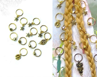 7 hair rings gold charms your choice stars leaf pearl tree feather flower owl bronze braids dreads forest elf piercing pendant braid rings