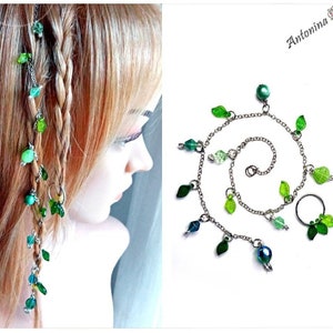 Hair chain green turquoise blue mermaid hippie hair accessories hanging dangles extension pearl strand hair ring leaves forest elf charm bun nature