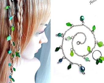 Hair chain green turquoise blue hippie hair ornament hangs dangles extension strand of pearls hair ring hair bead leaves wood elf charm piercing nature