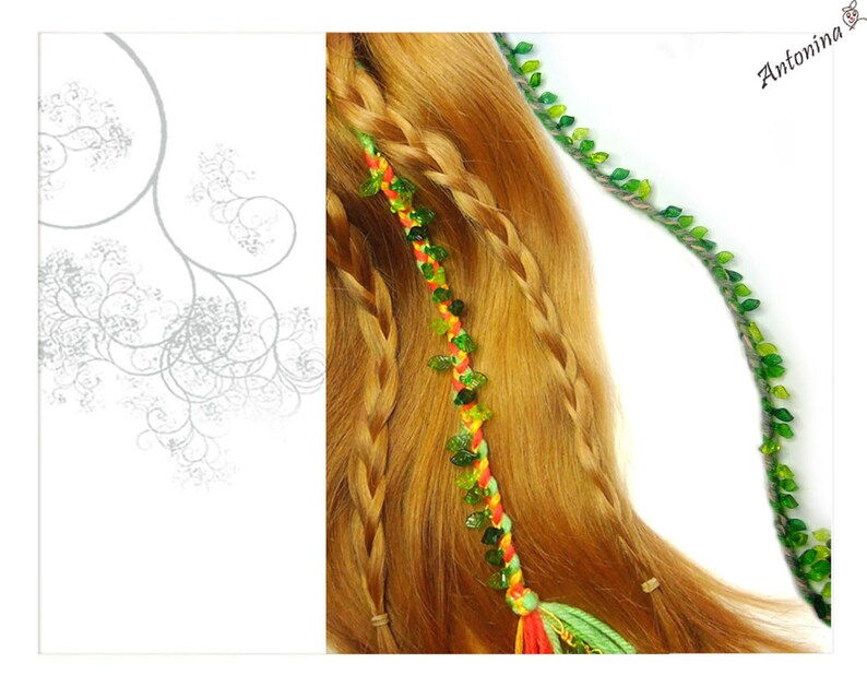 Braid red orange green leaves color of choice forest elves hippie hair wrap extension hair jewelry elf boho strand extension dreads braid in image 4