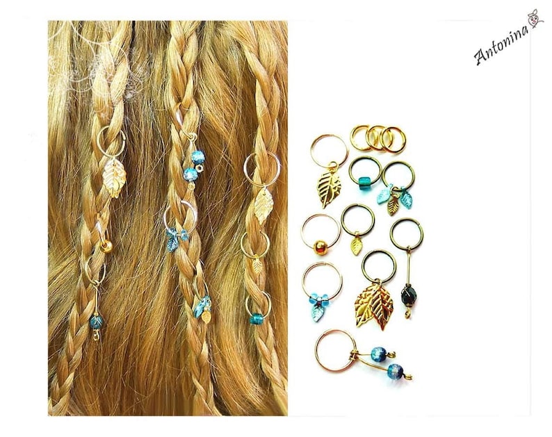 12 hair rings blue turquoise silver gold braids cornrows dreads bronze leaves forest elves braid pendant charms ivory bridal rings pearl hair accessories image 1