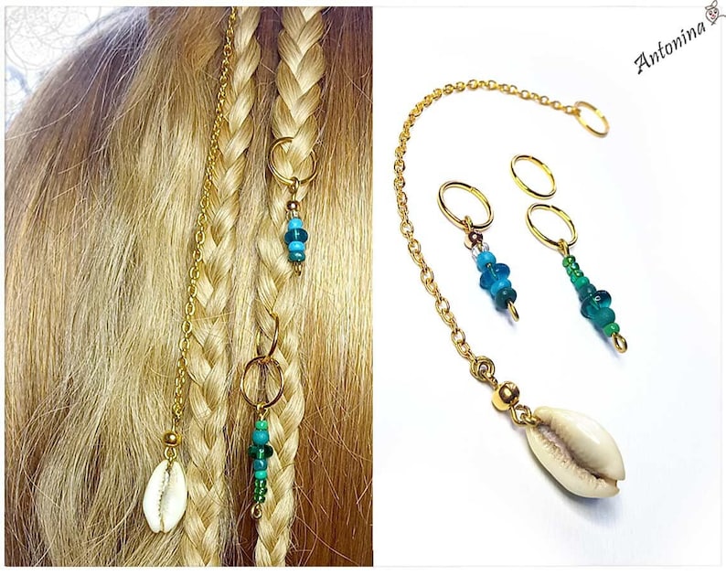 Set mermaid hair accessories hair rings hair chain cowrie shell gold bronze silver cornrows braids dread plait pendant charms braid piercing image 1